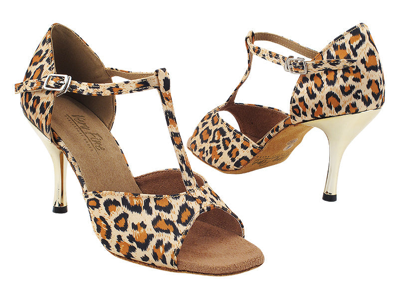 1609 152 Leopard Satin with 3&quot; Slim Gold Heel (382) in the photo