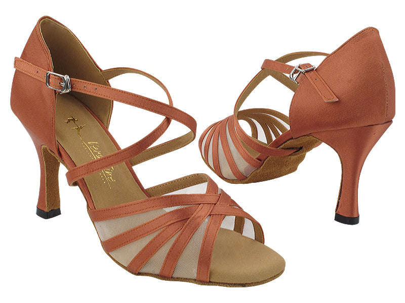 1613LEDSS Dark Tan Satin &amp; Flesh Mesh  3&quot; Heel (5059) in the photo