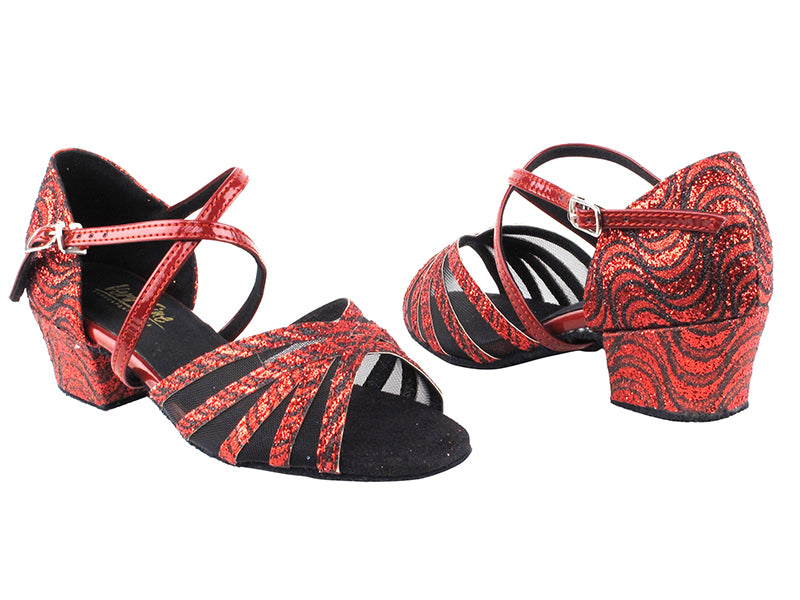 1613_1670C 215 Red_Black Wave Glitter_Black Mesh with 1.5&quot; Medium Heel in the photo
