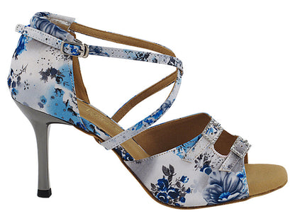 1625BLEDSS 174 White Blue Flower Satin with (6646) 3 INCH SLIM METALLIC HEEL in the photo