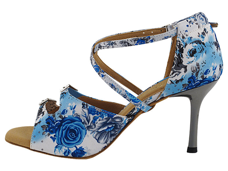 1625BLEDSS 174 White Blue Flower Satin with (6646) 3 INCH SLIM METALLIC HEEL in the photo