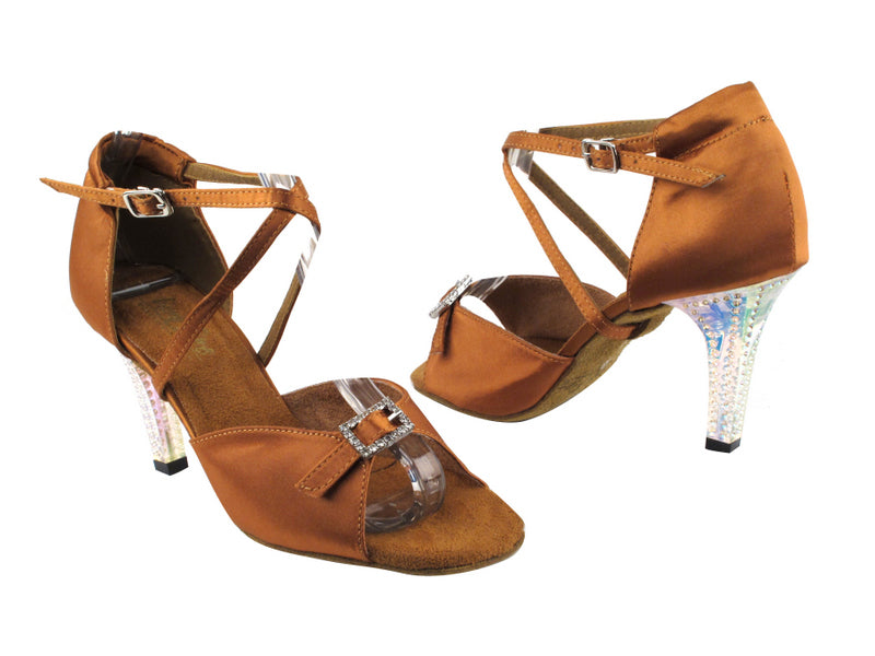 1636 236 Dark Tan Satin with 3&quot; Square Transparent Heel in the photo