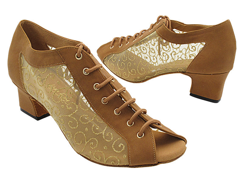 1643LEDSS 73 Brown Nubuck &amp; 133 Gold Vine Brown Mesh with 2 INCH THICK CUBAN HEEL (3149) in the photo