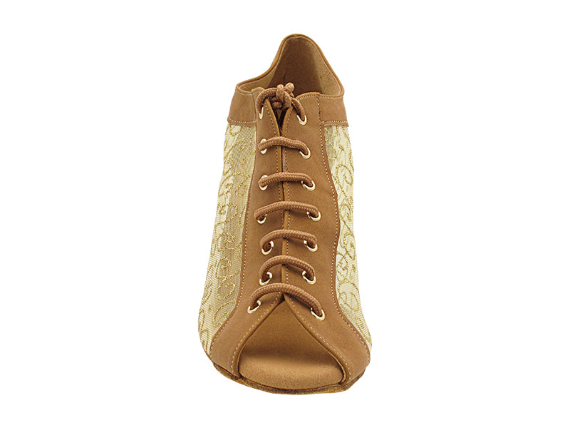 1643LEDSS 73 Brown Nubuck &amp; 133 Gold Vine Brown Mesh with 2 INCH THICK CUBAN HEEL (3149) in the photo