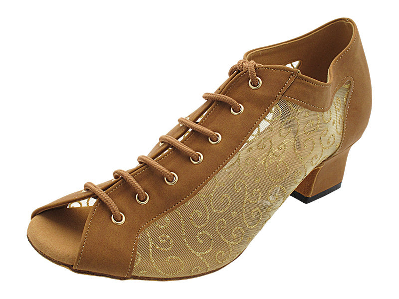 1643LEDSS 73 Brown Nubuck &amp; 133 Gold Vine Brown Mesh with 2 INCH THICK CUBAN HEEL (3149) in the photo