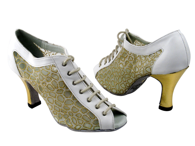 1643 White Leather &amp; 196 Mesh &amp; Gold Leather Heel with 3&quot; Heel in the photo