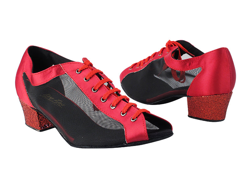 1643 268 Dark Red Satin_285 Red Scale_H_53 Black Mesh with 1.5&quot; Medium Heel in the photo