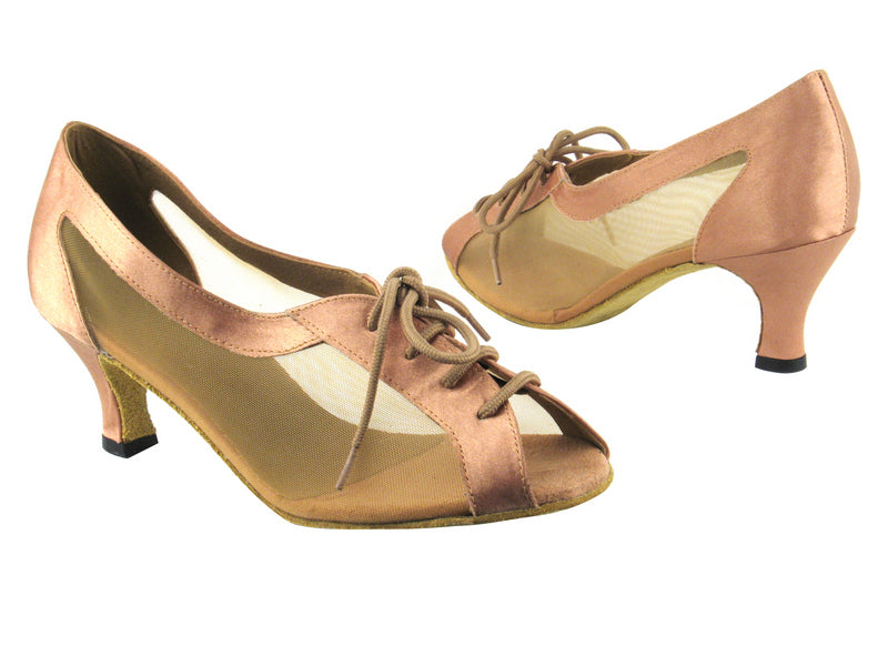 1644 193 Tan Satin_Flesh Mesh with 2.5" Heel in the photo