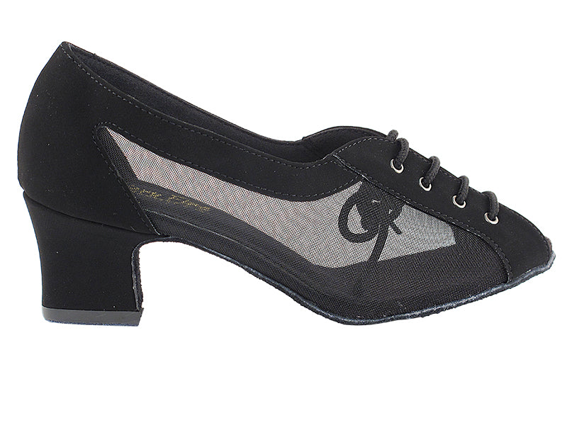 1644 Nubuck negro y malla negra y tacón cubano grueso