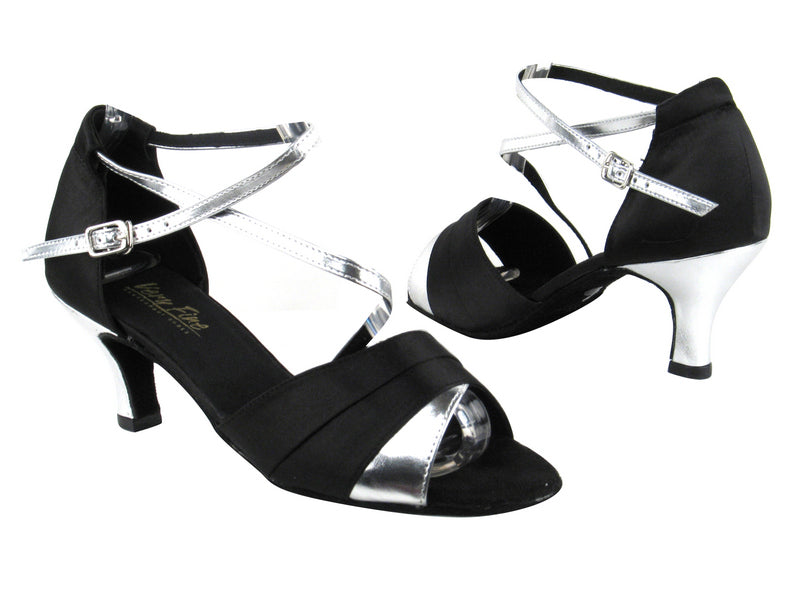 1659 Black Satin_Silver Leather with 2.6&quot; Flare Heel in the photo