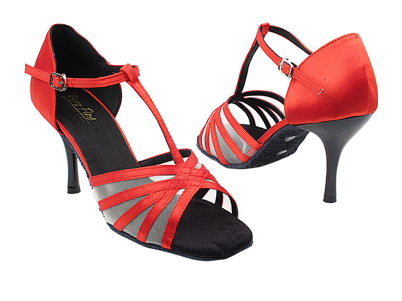 16612 112 Red Satin_Flesh Mesh_3_slim with 3&quot; Slim Black Plated Heel in the photo