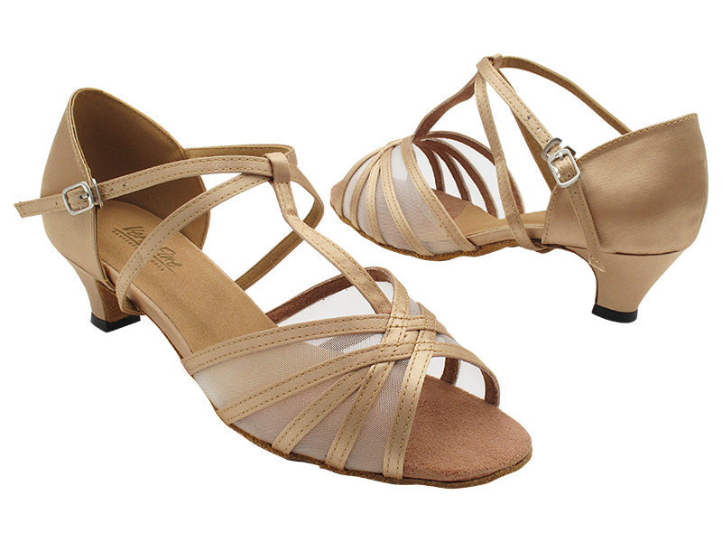 16612X Light Brown Satin &amp; Flesh Mesh with 1.3&quot; Cuban Heel (387) in the photo