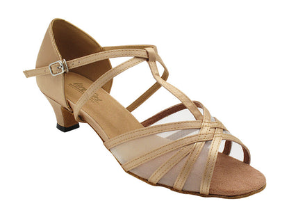 16612X Light Brown Satin &amp; Flesh Mesh with 1.3&quot; Cuban Heel (387) in the photo