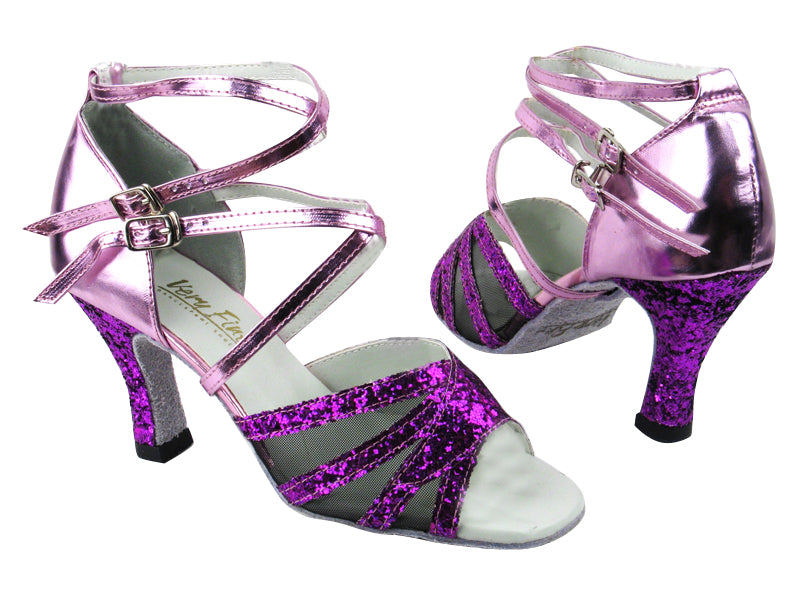 1662B 11 Purple Sparkle_F_H_150 Purple Leather_Black Mesh with 3&quot; heel in the photo