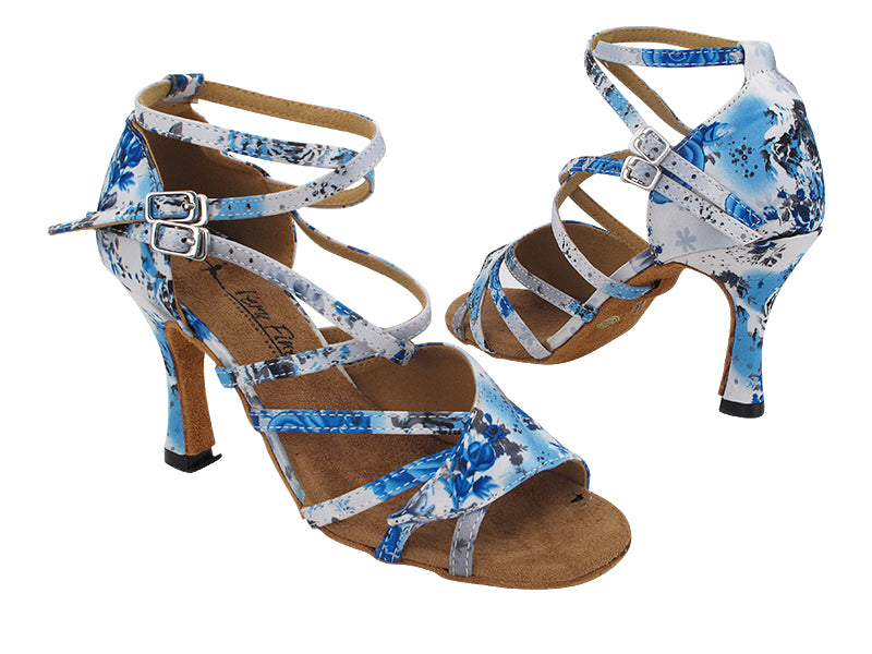 1662B 174 White Blue Flower Satin with 3&quot; Flare Heel (5059) in the photo