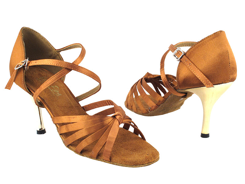 1664 236 Dark Tan Satin_1650 BackStrap with 3&quot; Slim Gold Plated Heel in the photo