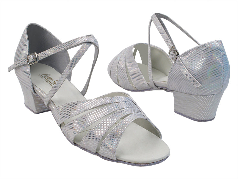 1680 86 Silver Laser Satin_X-Strap Arch with 1.5&quot; Medium Heel in the photo