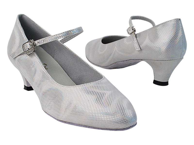 1682_3008 86 Silver Laser Satin with 387_1.3&quot; Cuban Heel in the photo