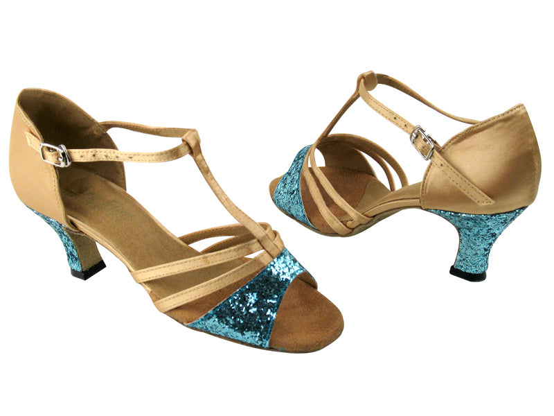 1683 188 Light Blue Sparkle &amp; 135 Light Brown Satin with 2.5&quot; Low Heel in the photo