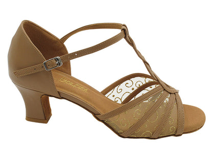1692LEDSS 157 Beige Brown Leather_133 Gold Vine Brown Mesh with 2.2 INCH THICK CUBAN HEEL (2317) in the photo