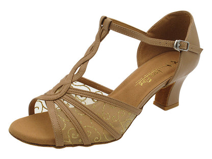 1692LEDSS 157 Beige Brown Leather_133 Gold Vine Brown Mesh with 2.2 INCH THICK CUBAN HEEL (2317) in the photo