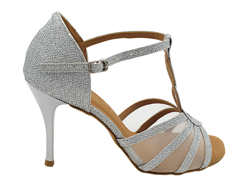 1692LEDSS 32 Silver Glitter Satin &amp; Flesh Mesh  with 3.5 INCH STILETTO SILVER HEEL (TG1) in the photo