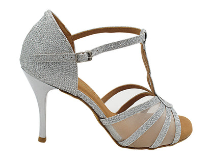 1692LEDSS 32 Silver Glitter Satin &amp; Flesh Mesh  with 3.5 INCH STILETTO SILVER HEEL (TG1) in the photo