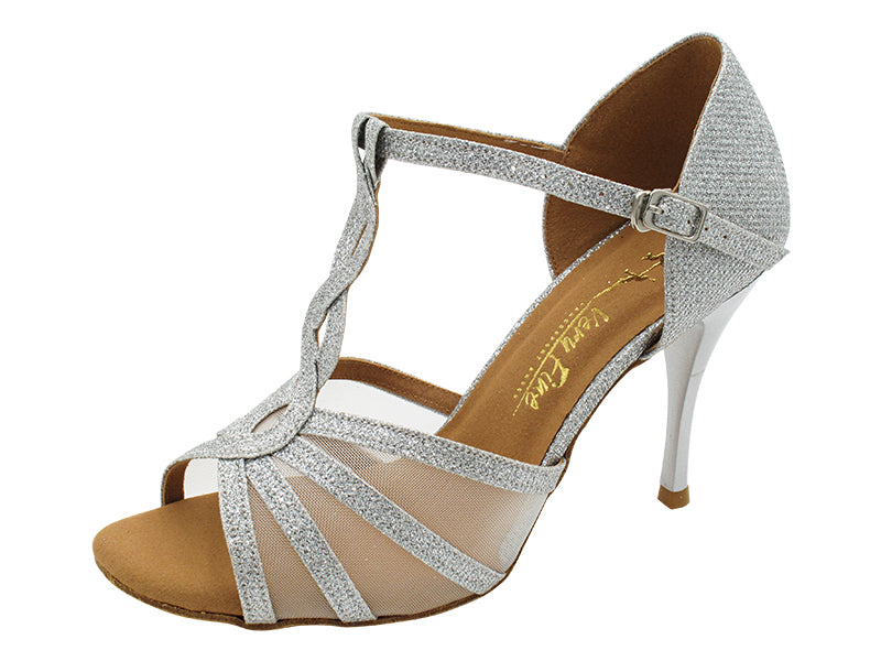 1692LEDSS 32 Silver Glitter Satin &amp; Flesh Mesh  with 3.5 INCH STILETTO SILVER HEEL (TG1) in the photo