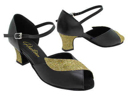 1704 Black Leather &amp; 113 Gold Scale Trim with 2.2 INCH THICK CUBAN HEEL (2317) in the photo