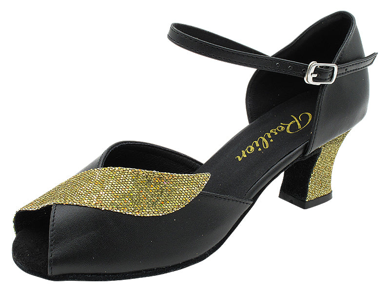 1704 Black Leather &amp; 113 Gold Scale Trim with 2.2 INCH THICK CUBAN HEEL (2317) in the photo