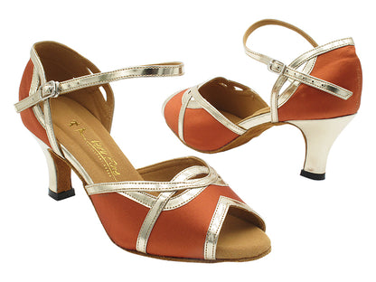 1706 Dark Tan Satin &amp; Shiny Gold Trim with 2.5&quot; Heel (2899) in the photo