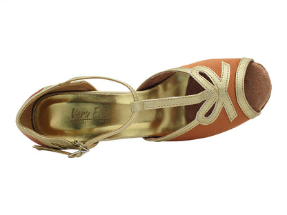 1786 Dark Tan Satin &amp; Light Gold Leather Trim  with 2.5" Heel (2899) in the photo