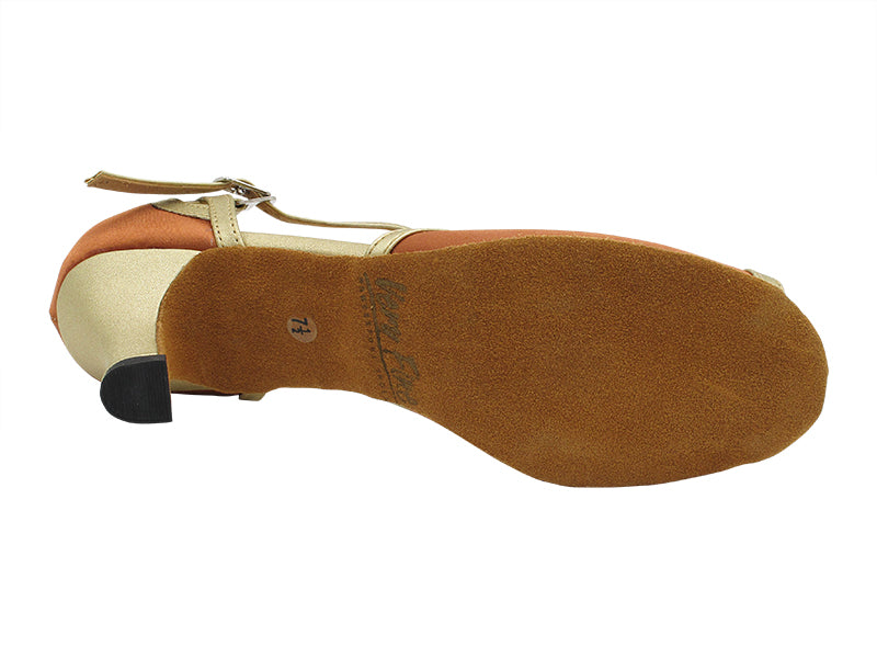 1786 Dark Tan Satin &amp; Light Gold Leather Trim  with 2.5" Heel (2899) in the photo