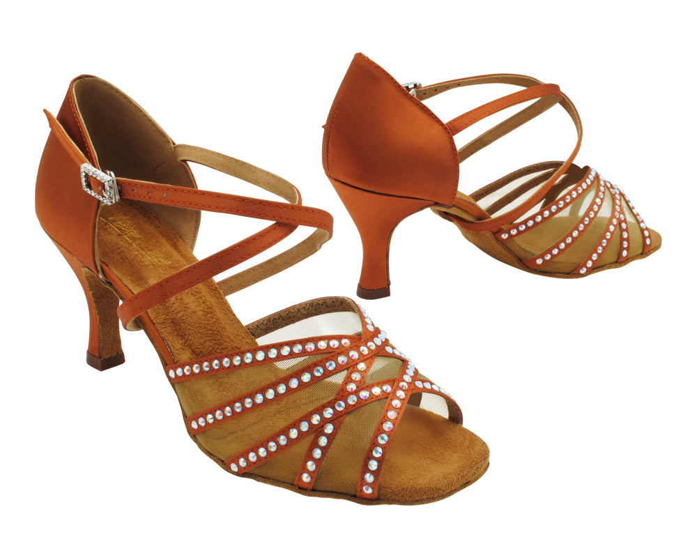 1789Bling Dark Tan Satin &amp; Flesh Mesh with 2.75" Flare Heel (1995) in the photo