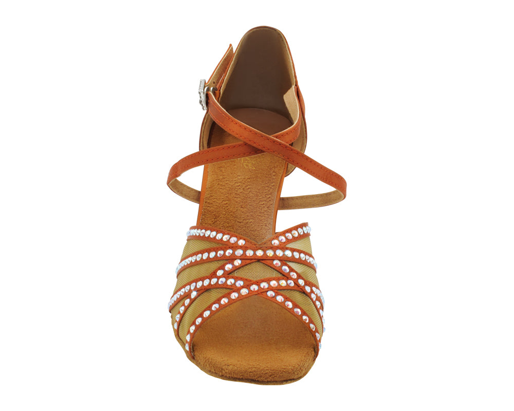 1789Bling Dark Tan Satin &amp; Flesh Mesh with 2.75" Flare Heel (1995) in the photo