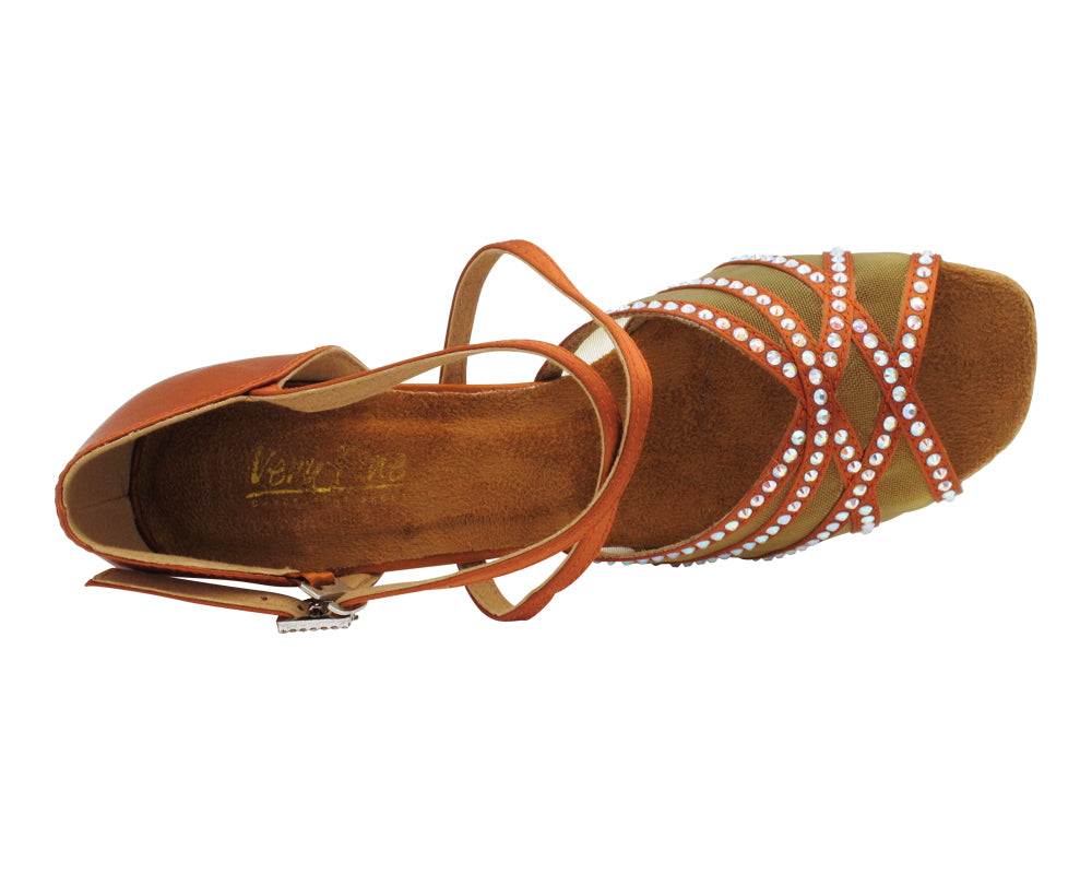 1789Bling Dark Tan Satin &amp; Flesh Mesh with 2.75" Flare Heel (1995) in the photo