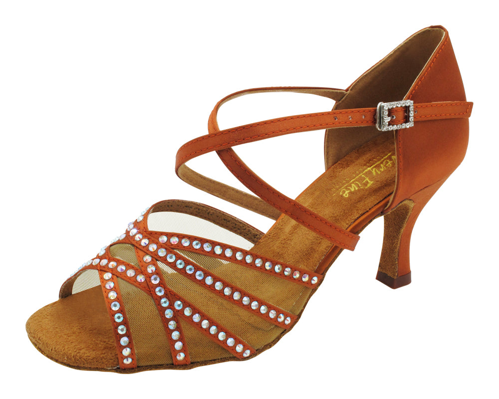 1789Bling Dark Tan Satin &amp; Flesh Mesh with 2.75" Flare Heel (1995) in the photo