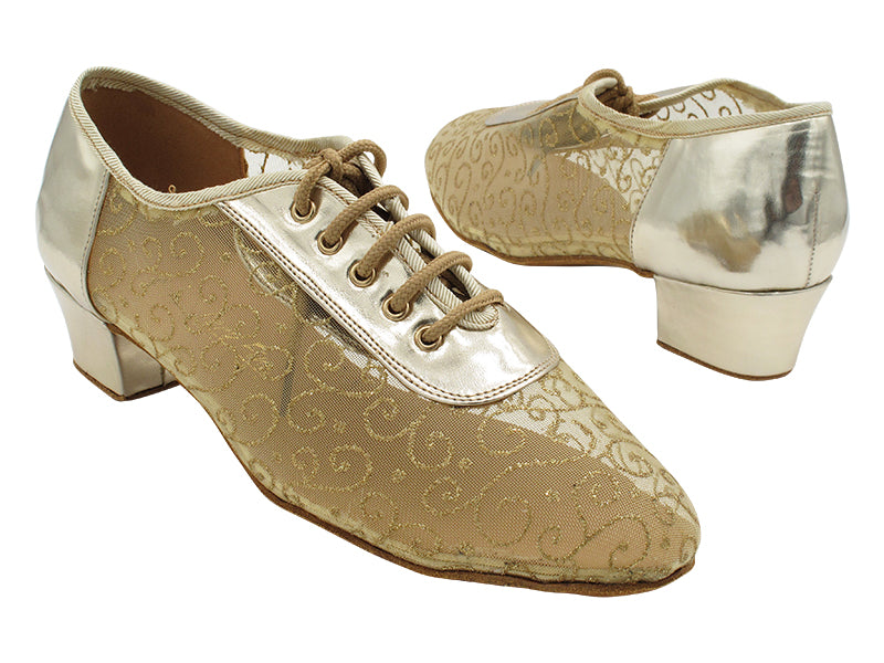 2002LEDSS Light Gold Shiny Leather &amp; 133 Gold Vine Brown Mesh with 1.5&quot; Heel (2001) in the photo