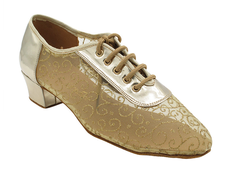 2002LEDSS Light Gold Shiny Leather &amp; 133 Gold Vine Brown Mesh with 1.5&quot; Heel (2001) in the photo