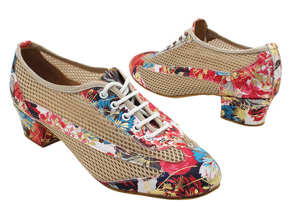 2009LEDSS 150 Blue Gold Flower Satin &amp; Brown Hexagonal Mesh with 1.5&quot; Heel (2001) in the photo