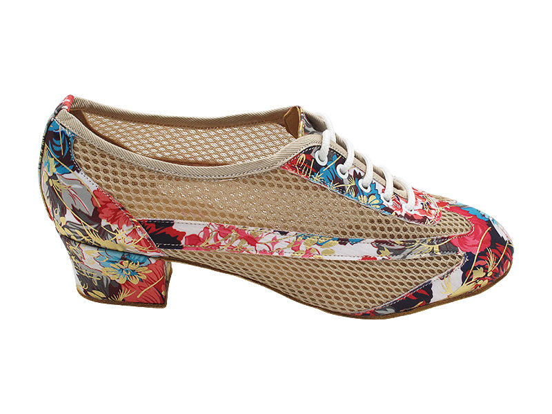 2009LEDSS 150 Blue Gold Flower Satin &amp; Brown Hexagonal Mesh with 1.5&quot; Heel (2001) in the photo