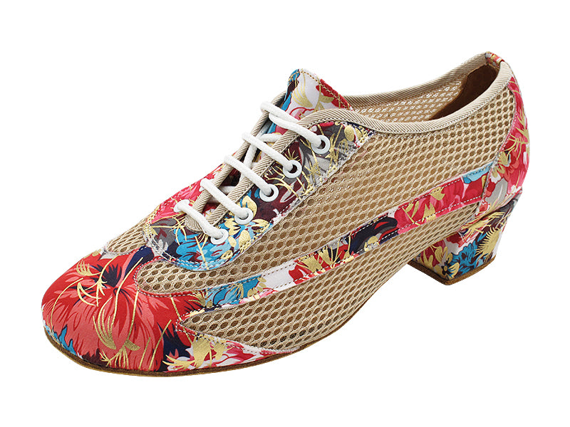 2009LEDSS 150 Blue Gold Flower Satin &amp; Brown Hexagonal Mesh with 1.5&quot; Heel (2001) in the photo