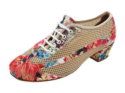 2009LEDSS 150 Blue Gold Flower Satin &amp; Brown Hexagonal Mesh with 1.5&quot; Heel (2001) in the photo