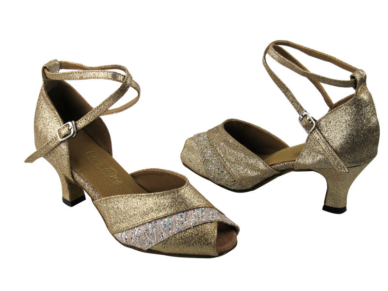 2701 Gold Stardust & 142 Glitter Satin with 2.5" Low Heel in the photo