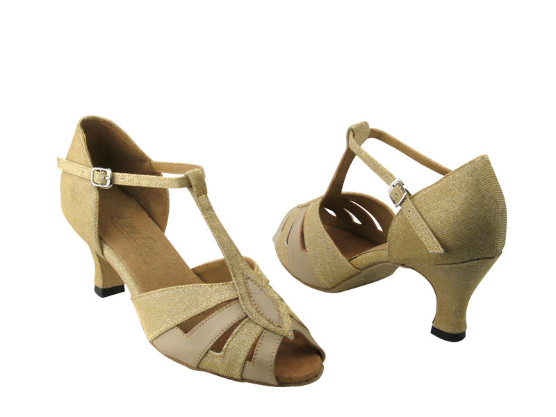 2702 106 Glitter Gold Satin &amp; 60 Tan Leather with 2.5&quot; Low Heel in the photo