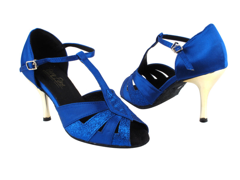 2702 234 Blue Stardust_247 Gem Blue Satin with 3&quot; Slim Gold Plated Heel in the photo