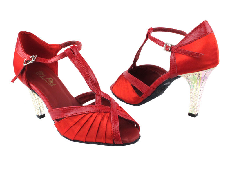 2707 112 Red Satin_175 Red Snake Trim with 3&quot; Square Transparent Heel in the photo