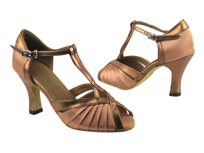 2707 Brown Satin_171 Dark Tan Gold PU Trim with 3&quot; heel in the photo