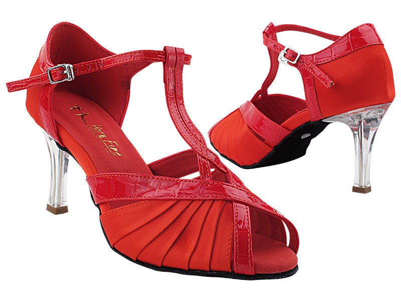 2707LEDSS Red Satin_Red Cocrodile PU Trim with 3&quot; Square Transparent Heel (6652) in the photo