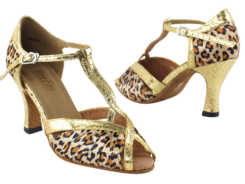 2707 Leopard Satin &amp; Ultra Gold Trim with 3&quot; Heel in the photo